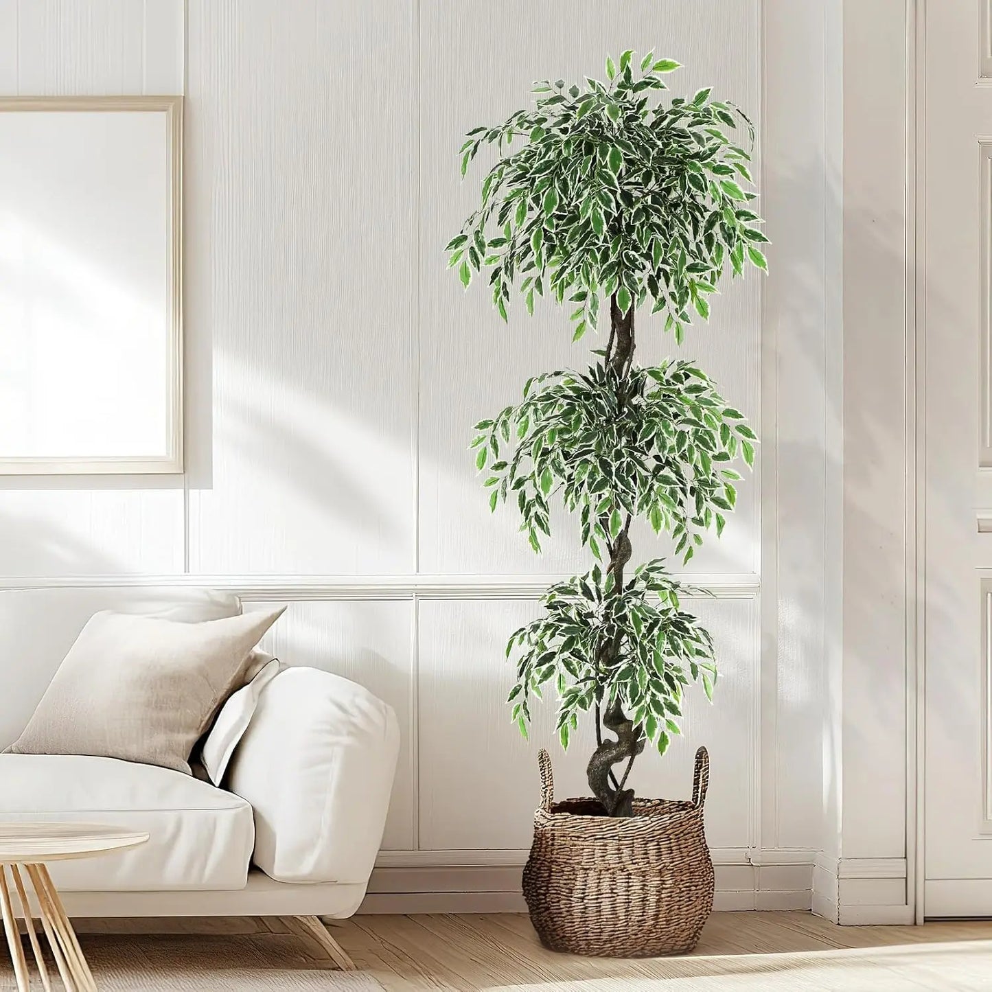 Artificial Ficus Tree Indoor Outdoor Fake Ficus Tree with Pebbles & Green Fake Moss, Pot Faux Tree for Office Home Decor