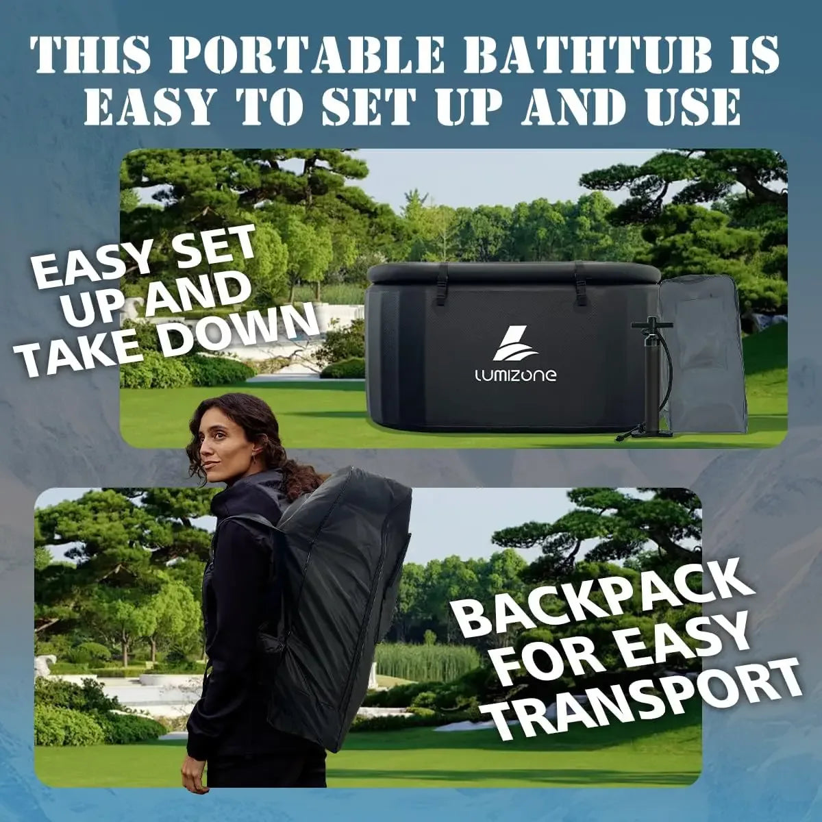 Portable Inflatable Ice Bath Tub Cold Plunge 132 Gallon Compatible Water Chillers Lid Drop Stitch PVC Seals
