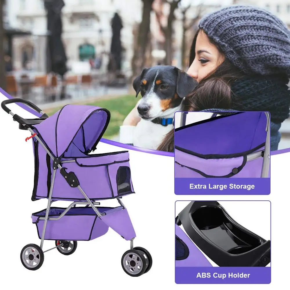 3 Wheels Pet Stroller Dog Cat Cage Jogger Stroller for Medium Small Dogs Cats Folding Travel Carrier with Cup Holder, Waterproo