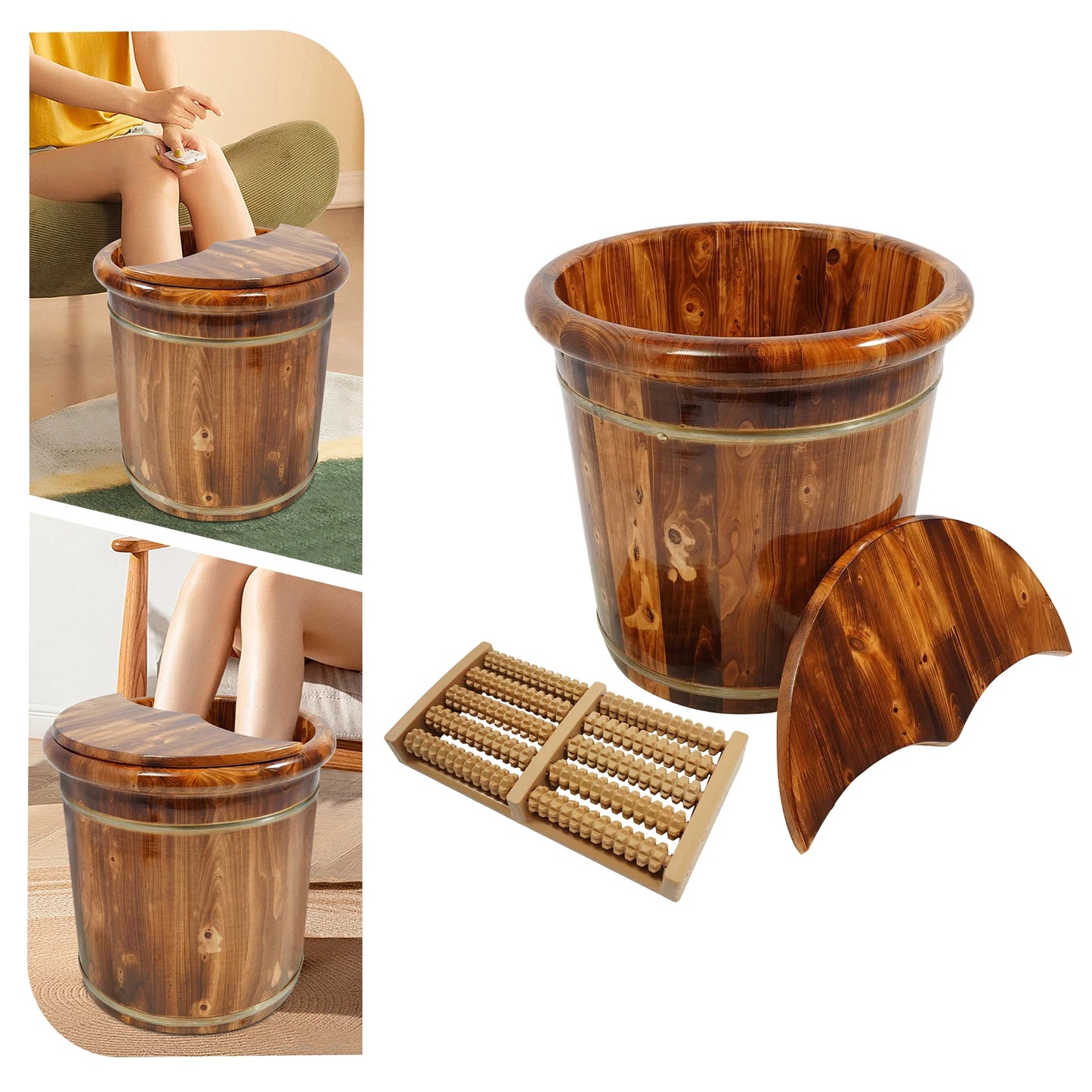 Wood Foot Bath Bucket, Portable Pedicure Bowl Soaking Tub Feet Massage Barrel Solid Wood Round Sauna Feet Basin Footbath Barrel