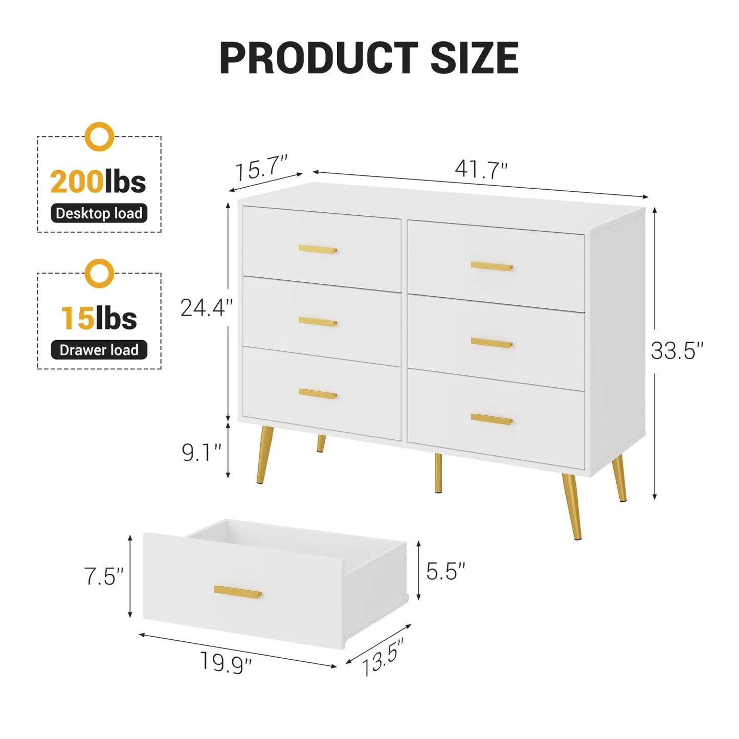 6-Drawer Chest of Drawers, Modern 6 Drawer Storage Cabinet with  Sturdy Metal Legs, Bedroom Drawer Organiser for Living Room