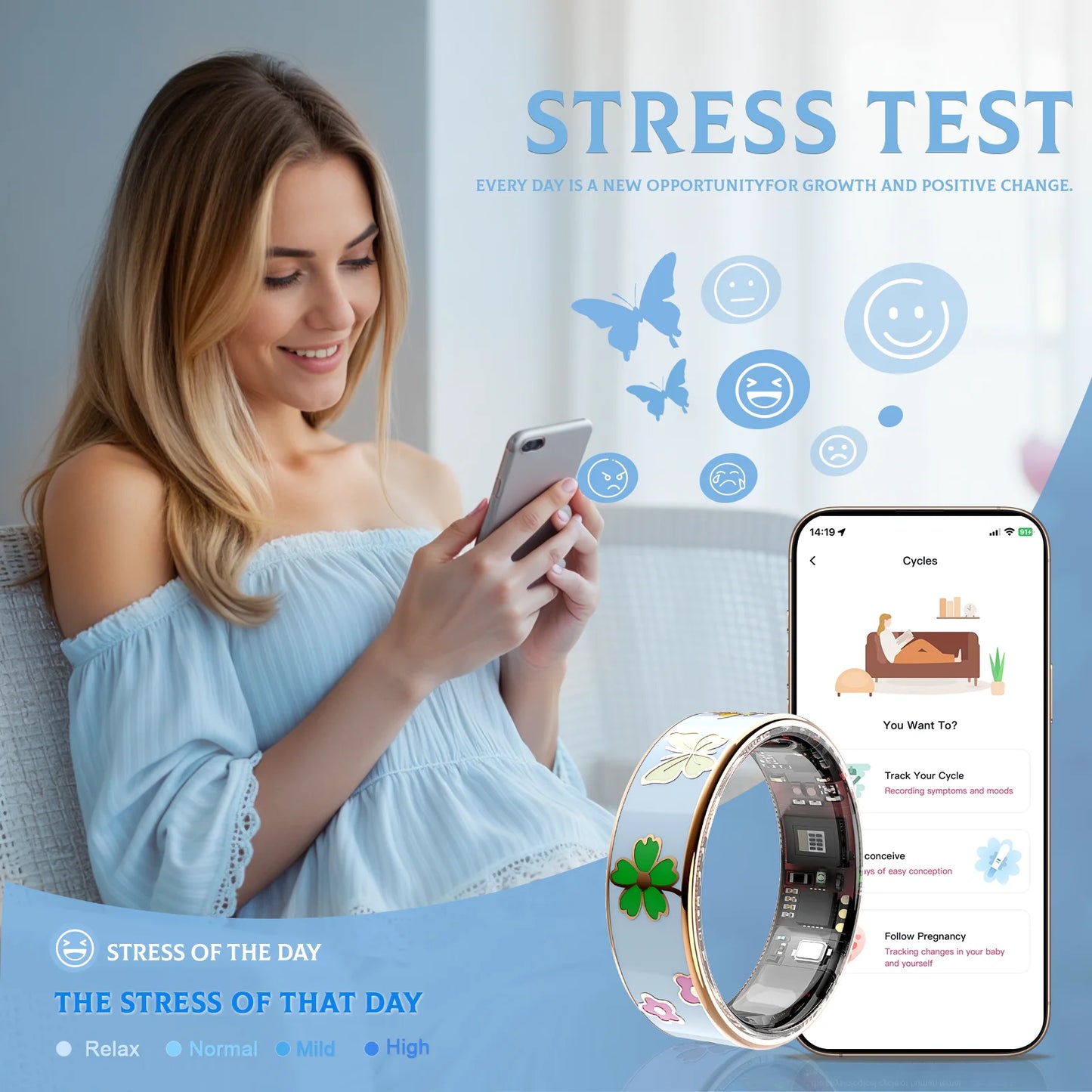 Smart ring Blue Dragonfly Lotus Style Activity tracking, calorie counting, stepcounting,distance tracking (km), 24/7 sleep tracking, heart rate monitoring, bodytemperaturemonitoring, blood oxygen monitoring, stress tracking,