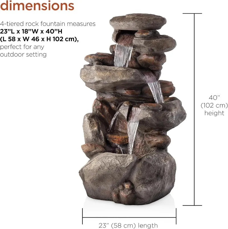 WIN316 40" Floor Fountain – 4-Tiered Rock Water Feature with Cascading Streams & White LED Lights – Tranquil