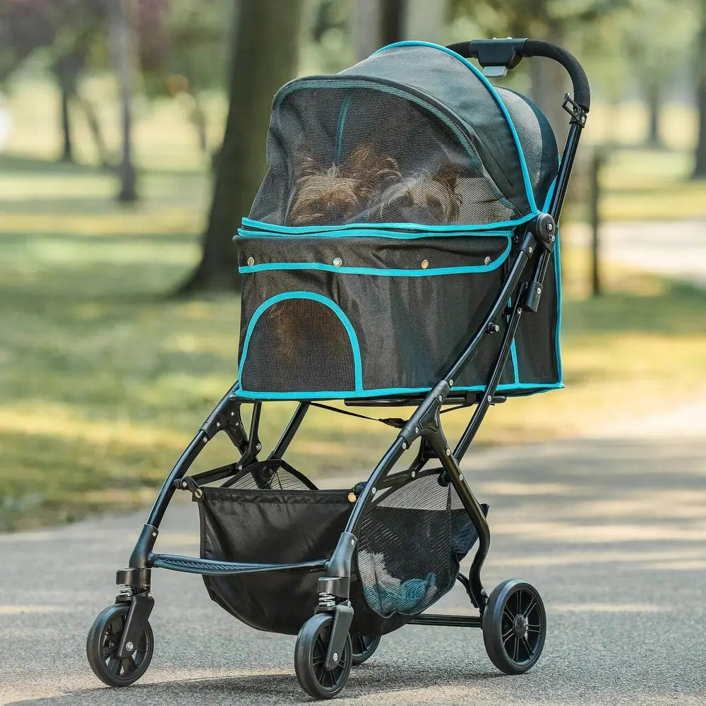 Pet Stroller, Includes 360 Degree Front Wheel Swivel, Rear Wheel Breaks, Reflective Trim, Mesh Panels, Umbrella and Mesh Canopy