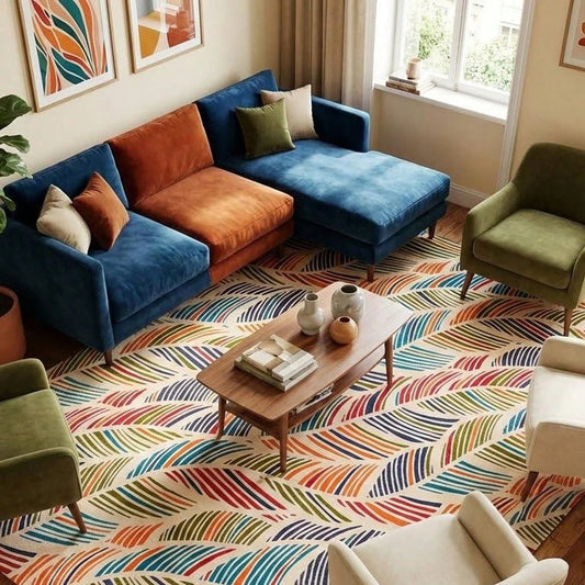 Boho Style Carpet, Mid-Century Modern Leaf Pattern, Colorful Living Room Rug, Terracotta Blue-Green, Abstract Plant Floor Mat