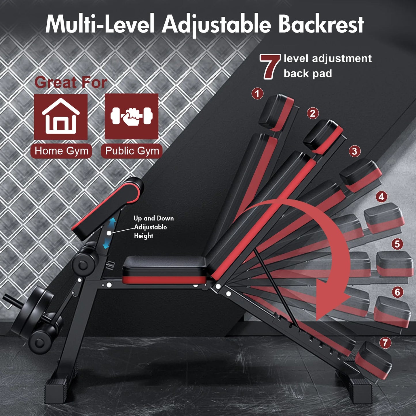 7-Level Foldable Weight Bench Adjustable Leg Extended Headrest Dumbbell Bench Incline Decline Bench for Full Body Strength Train