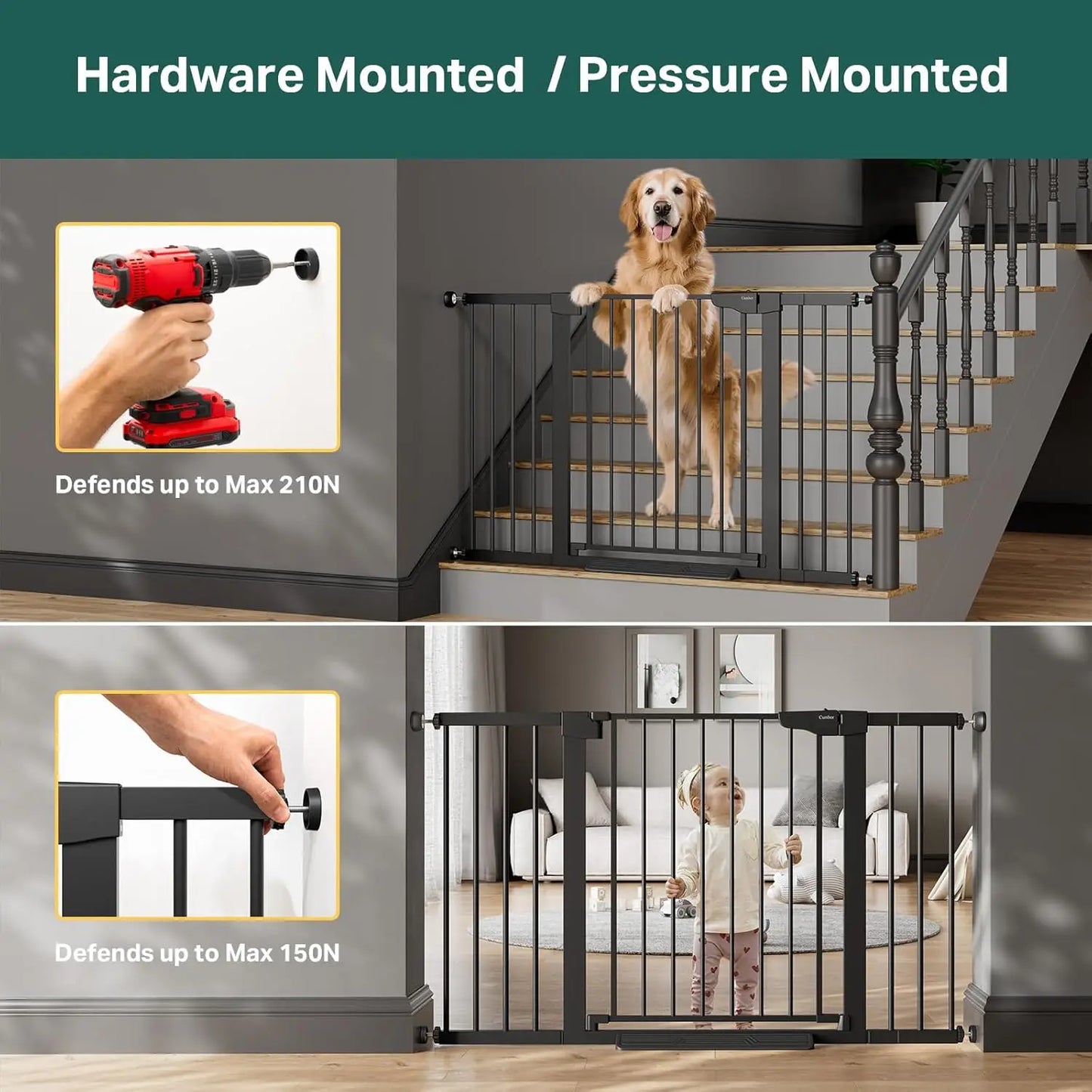 Extra Wide Auto-Close Baby and Pet Gate for Stairs, Doorways, Hallways - Pressure Mounted, No-Trip Design, Black