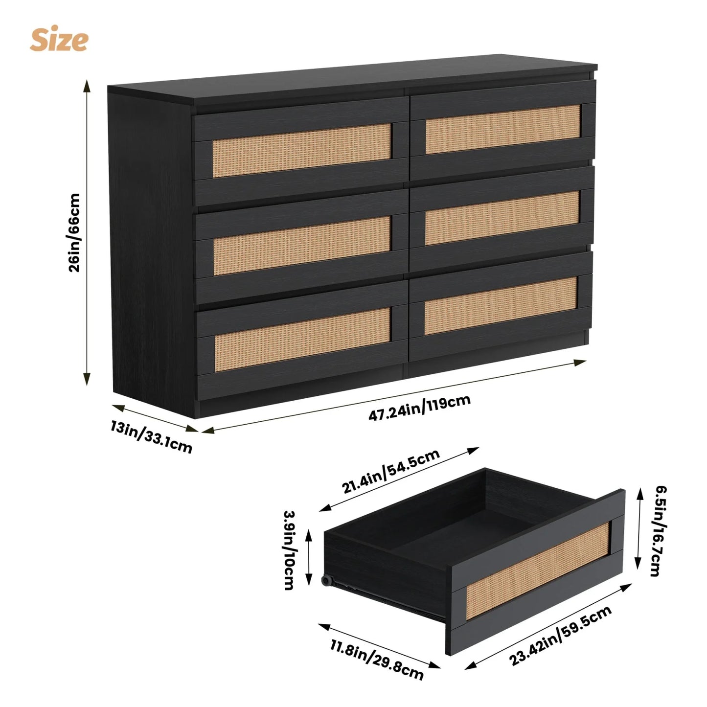 Modern Rattan 6-Drawer Dresser for Bedroom Wooden Chest of Drawers, Freestanding Storage Cabinet for Living Room and Entryway