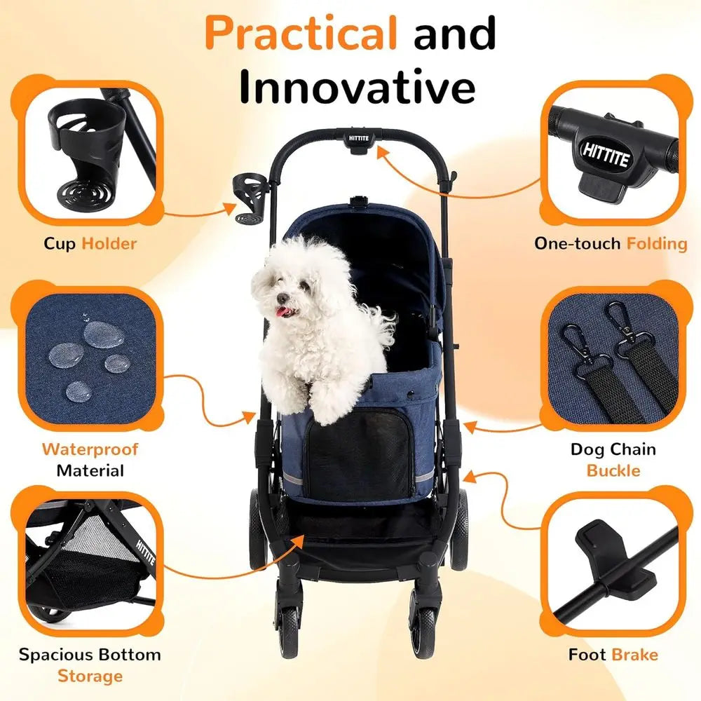 Stroller with Weatherproof Cover, All-Terrain 4-Wheel Cat & Dog Stroller with Adjustable Canopy, Foldable Dog Strollers with Sto