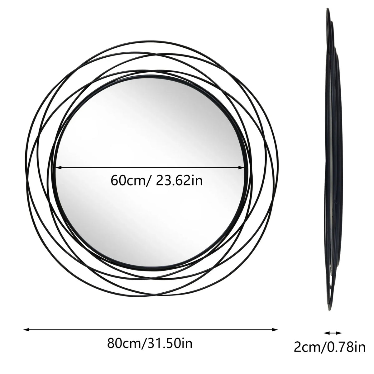 80CM Black Decorative Mirror for Wall Decor Round Iron Wire Frame Living Room Bathroom Entryways Mirror Makeup Vanity Mirror