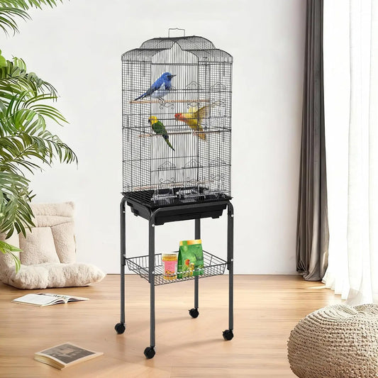 Tacleekii 60" Large Bird Cage with Play Top and Rolling Stand Multi-Level Metal Flight Cage Storage Shelf Removable Tray Feeding Bowls & Perches, Easy-Clean Aviary for Parakeets, Cockatiels