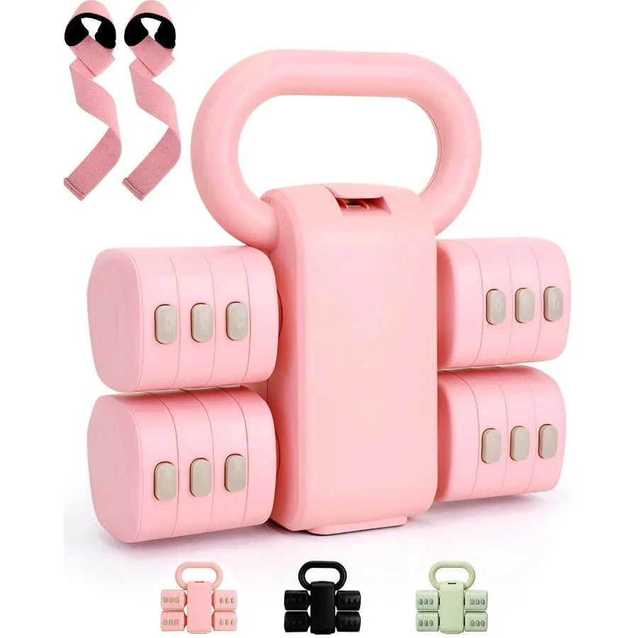 Adjustable Kettlebell Set with Wrist Straps, 4-in-1 Free Weight Adjustable Dumbbells Set for Women 9 Weights from 0.55LB to 12.1