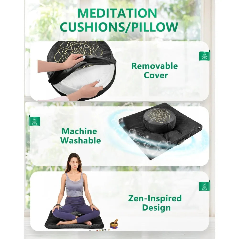 Hihealer Meditation Cushion Set Large Velvet Floor Pillow & Traditional Tibetan Yoga Bolster for Adults Zafu Meditation Mat