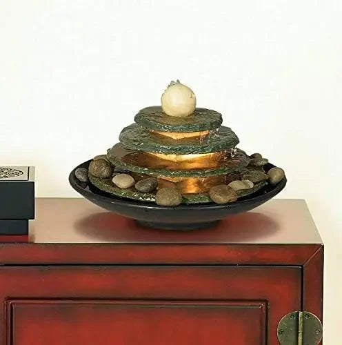 Pyramid 10" High Small Zen Modern Indoor Decor Slate Stone Tabletop Fountain with Light Waterfall Feng Shui Ball Rock Water Feat