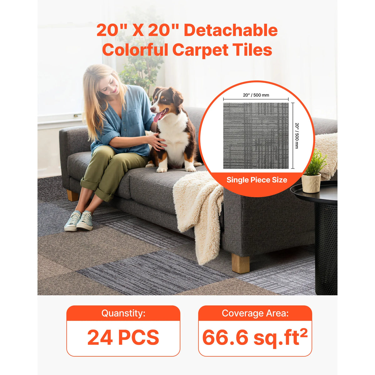 SucceBuy Carpet Tiles Reusable 20x20 inch 24 PCS Floor Soft Padded for Seamless Cover 66.6sq.ft for Living Room Bedroom Indoor