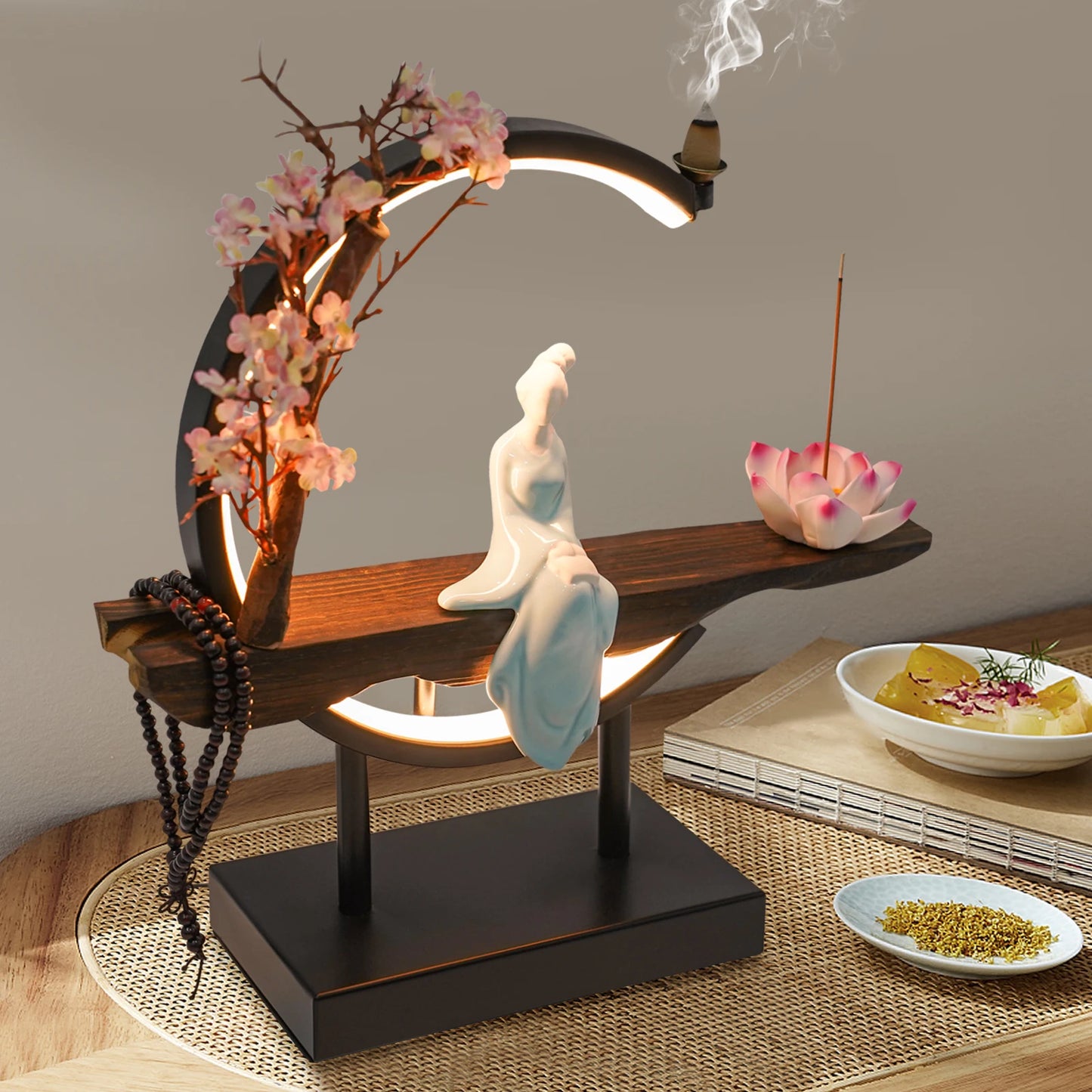 Incense Burner Backflow Waterfall Smoke Censer Holder W/ Light Resin Durable For Home Meditation Feng Shui Quiet Decorative Use
