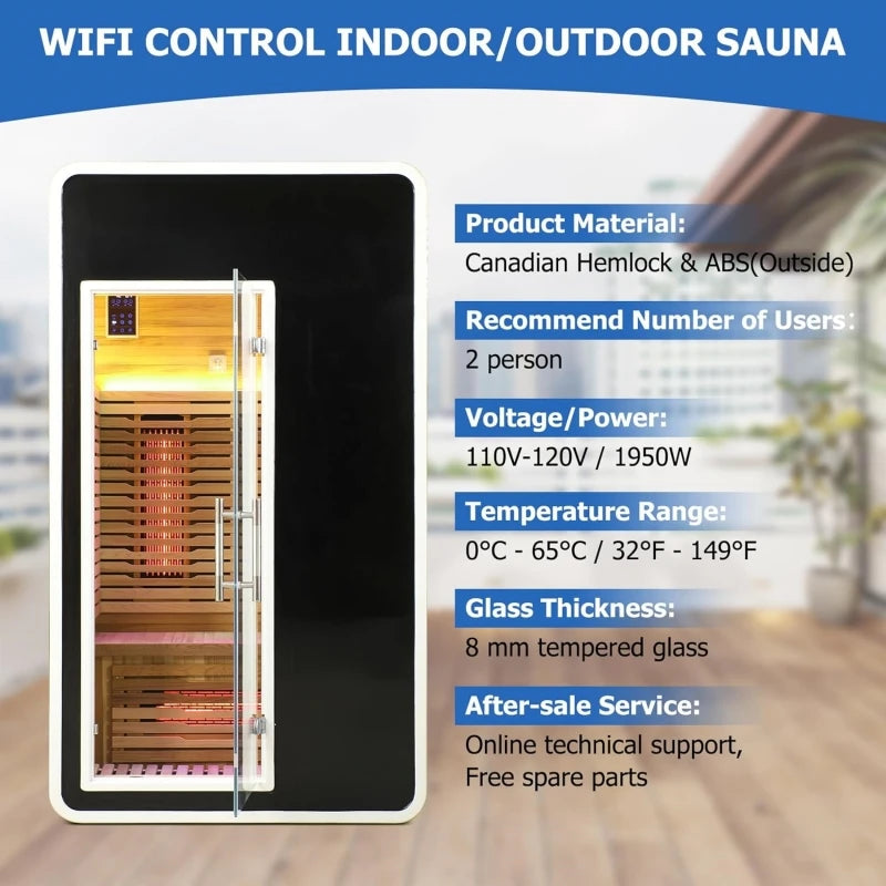 Full Spectrum Infrared Sauna for 2 Person WiFi Control Outdoor Canadian Hemlock Wood Home Spa Saunas with 6 Heating Elements