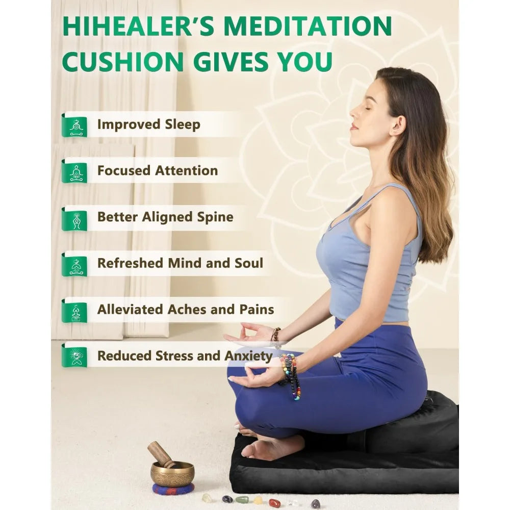 Hihealer Meditation Cushion Set Large Velvet Floor Pillow & Traditional Tibetan Yoga Bolster for Adults Zafu Meditation Mat