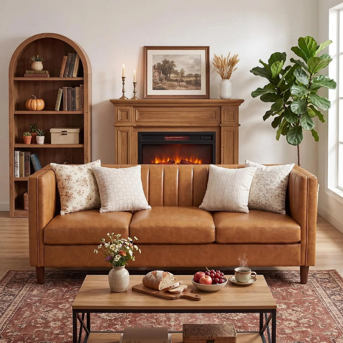 81 Inch Cognac Tan Faux Leather Sofa, Mid Century Modern 3 Seat Couch With Deep Seat, Wood Frame For Living Room, Apartment