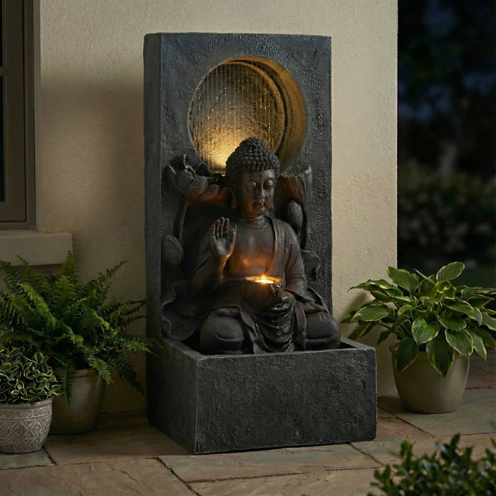 Freestanding 28 Inch Buddha LED Waterfall Fountain, Calming Relaxing Zen Feng Shui Water Feature Ornament, Waterproof Outdoor Decor for Patio Backyard Deck Home Ideal Present