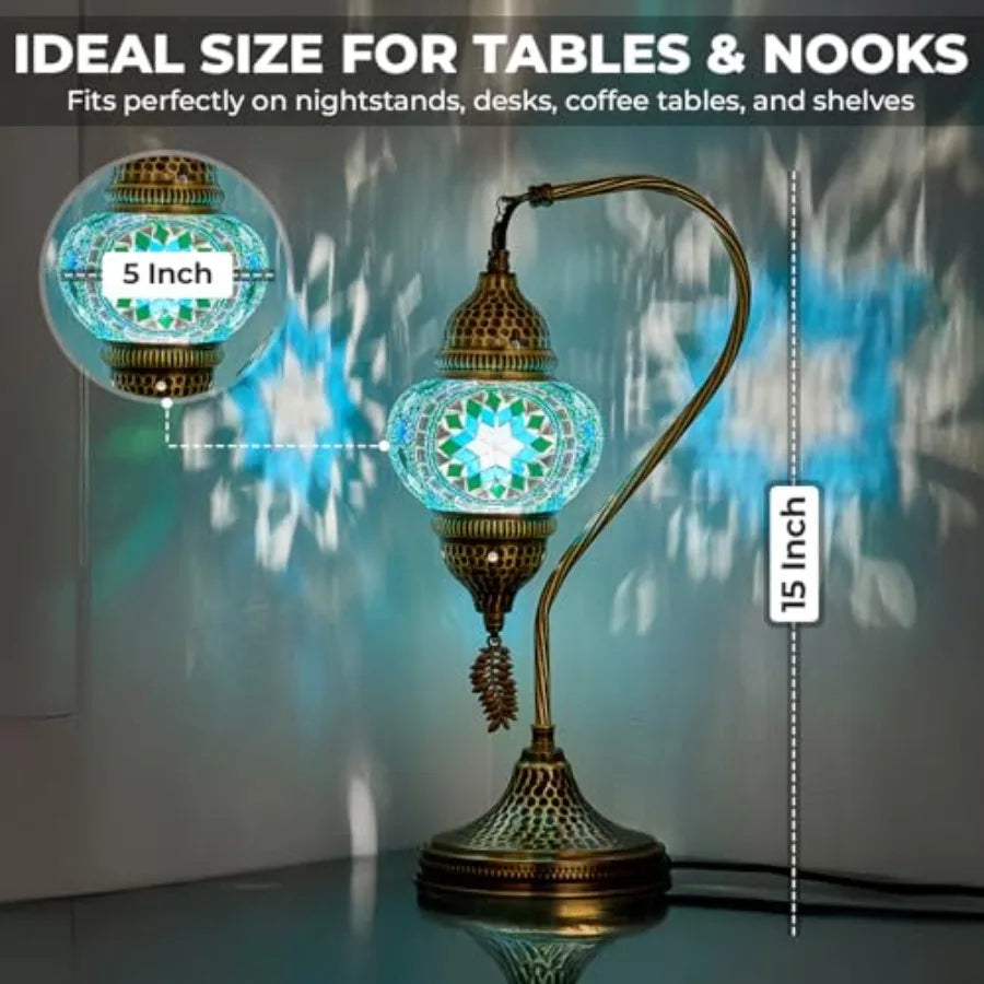 Turkish Moroccan Table Lamp, Swan Neck Tiffany Style Mosaic Glass Table Desk Bedside Lamp for Bedroom, Living Room Handcrafted