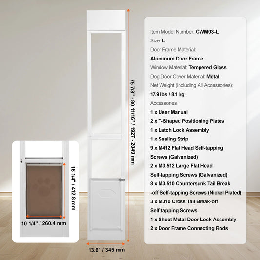 VEVOR Dog Door Sliding Glass Door Adjustable Height Doggy Door Sliding Doors Aluminum Frame Tempered Glass Pet Door