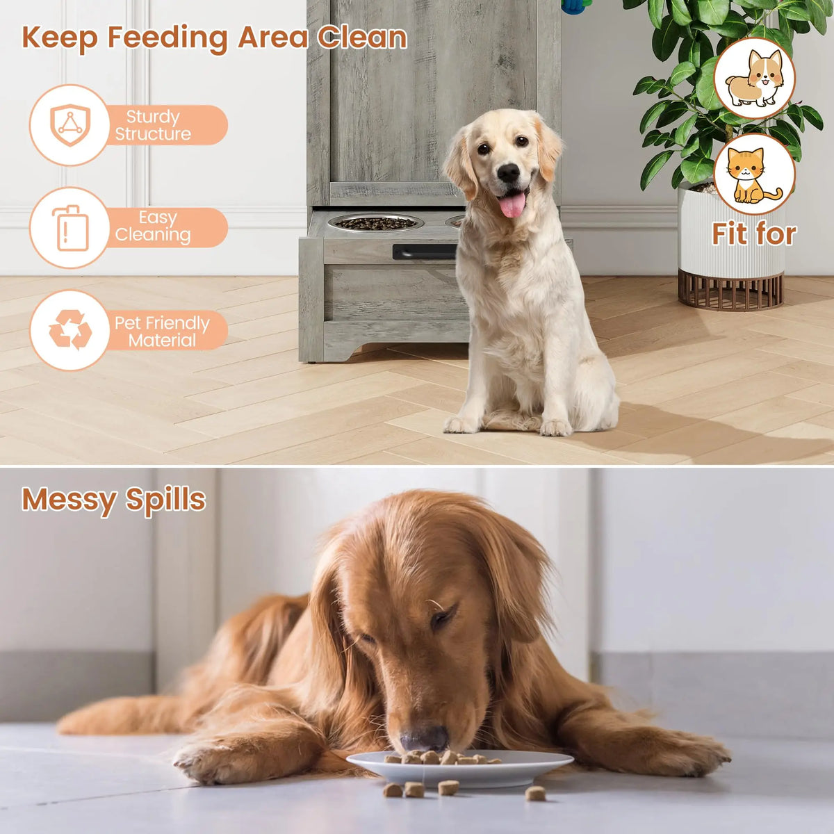 Dog Food Storage Cabinet with Feeding Bowls, Elevated Pet Feeder Station with 2 Stainless Steel Bowls, Slant Flip-Up Lid, Anti-Toppling Device, Pet Food Container for Dogs and Cats