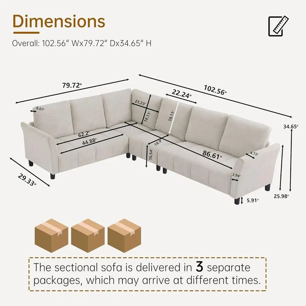 Convertible Sectional Soa Couch, 102" L Shaped Couch with Back Cushions, ern Upholstered abric 6-Seat Reversible Soa Set or Livi