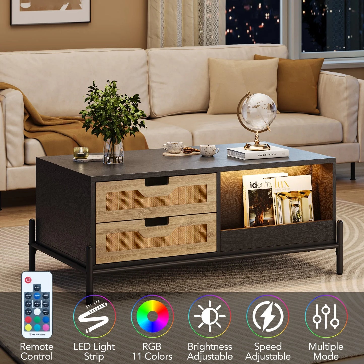 Farmhouse Living Room Table with 4 Drawers and Open Storage Shelf, Rattan Modern Wooden Coffee Table for Living Room, Office