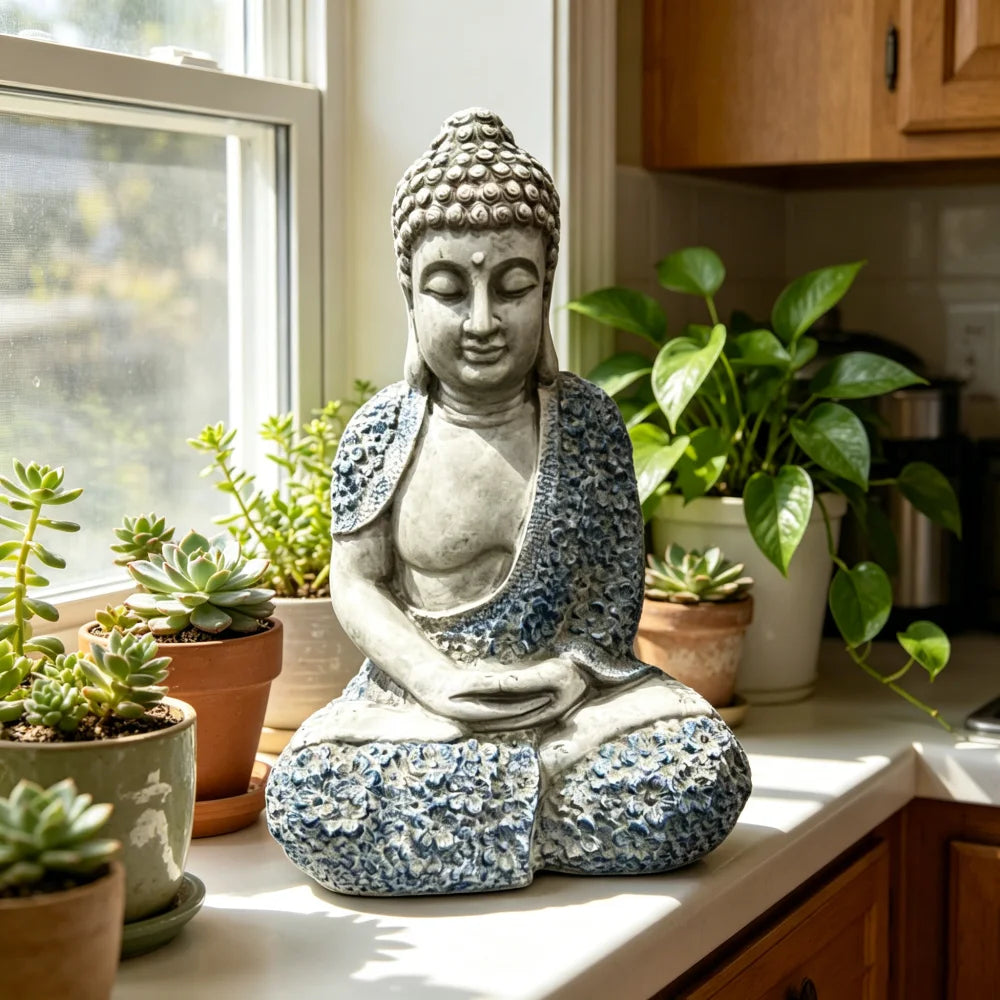 16 Inch Weatherproof Resin Meditating Buddha Statue with Blue Floral Details, Calm Zen Style Figurine, Decorative Ornament for Patio Lawn Yard Outdoor Landscape & Indoor Space