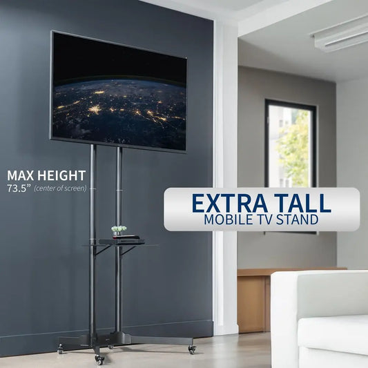 Tall TV Cart for 32 to 83 inch Screens up to 110 lbs, LCD LED OLED 4K Smart Flat and Curved Panels, Rolling Stand with Laptop D