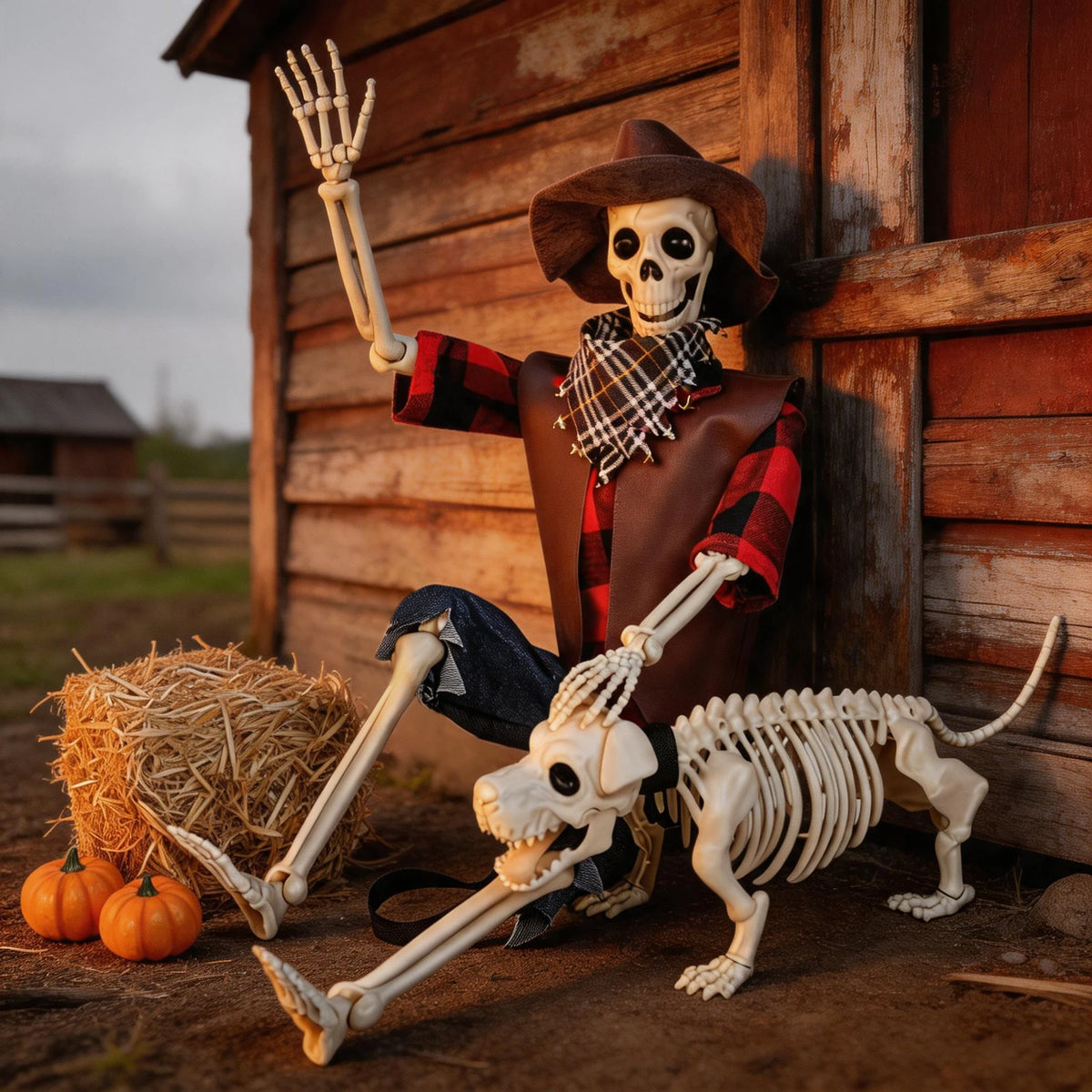 36" Halloween Skeleton Decorations, Posable Skeleton & Dog Outdoor Decor Creepy Halloween Western Cowboy Themed Set, Plastic Skeleton Featuring Movable Joints, Indoor Outdoor Yard & Party Decor
