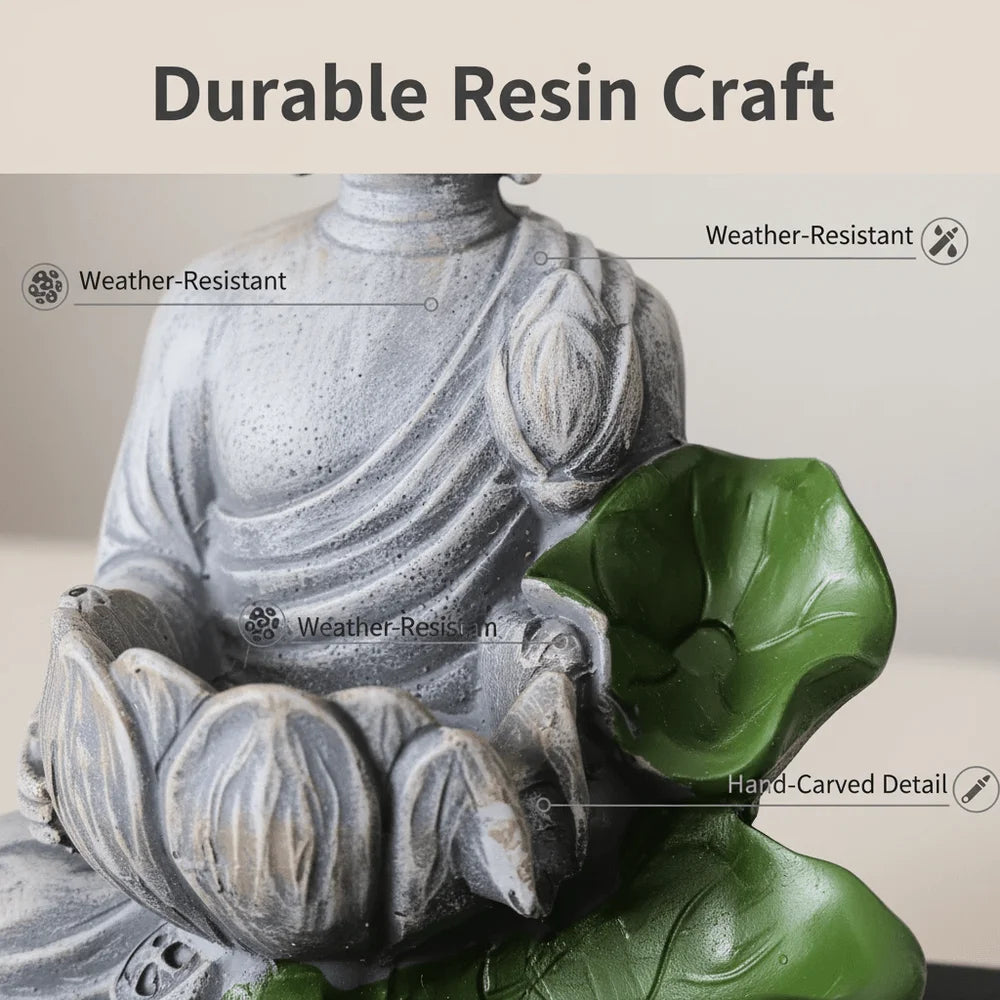 Tabletop Zen Buddha Water Fountain With ColorChanging LED Crystal Ball Cascading Indoor Water Feature, Quiet Pump Resin Figurin