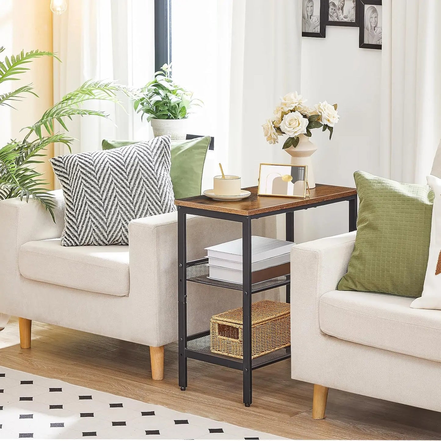 3-Tier Narrow Side Table with Adjustable Shelves for Small Spaces, Rustic Brown and Black