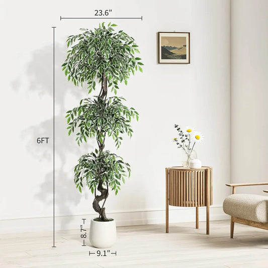 Artificial Ficus Tree Indoor Outdoor Fake Ficus Tree with Pebbles & Green Fake Moss, Pot Faux Tree for Office Home Decor