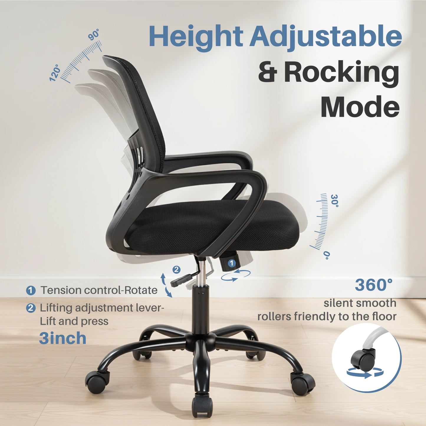 JHK Ergonomic Mesh Fixed Armrest Office Computer Chair Adjustable Swivel Mid-Back Computer Desk Chair with Lumbar Support