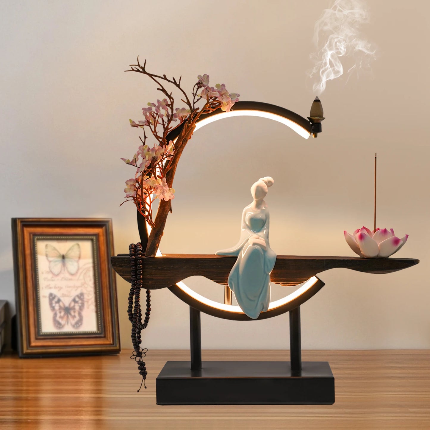 Incense Burner Backflow Waterfall Smoke Censer Holder W/ Light Resin Durable For Home Meditation Feng Shui Quiet Decorative Use