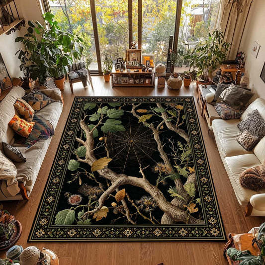 Dark Botanical Style Spider Web Rug (Gothic Floral Pattern), Suitable for Vintage-Style Cat Decor in Victorian Witch-Themed Homes.