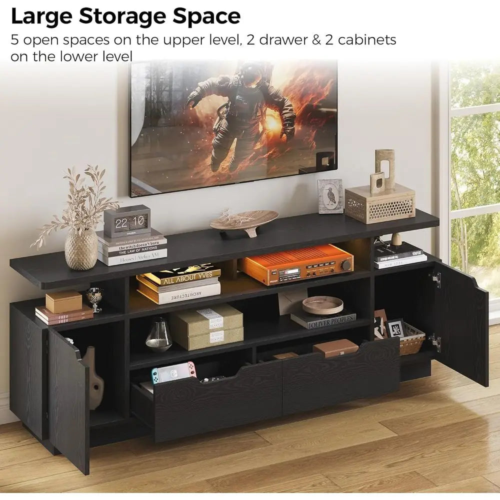 TV Stand or TVs 85 inch with Power Outlet and LED Lights, Entertainment Center with Storage Cabi, Media TV ole with Ders, ern TV