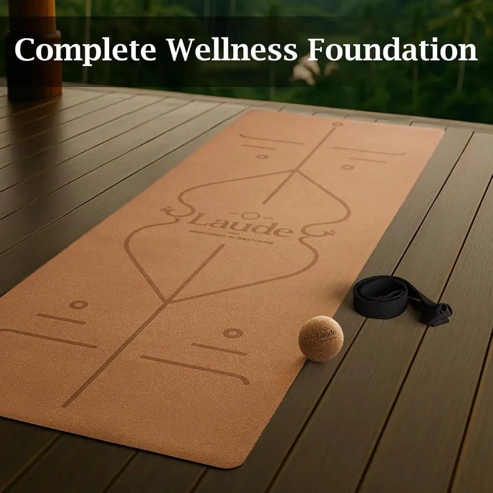 Sustainable Eco-Friendly Cork and Rubber Yoga Mat Set with Ball, Strap, and Alignment Lines - Thick, Non-Slip, Sweat-Resistant,