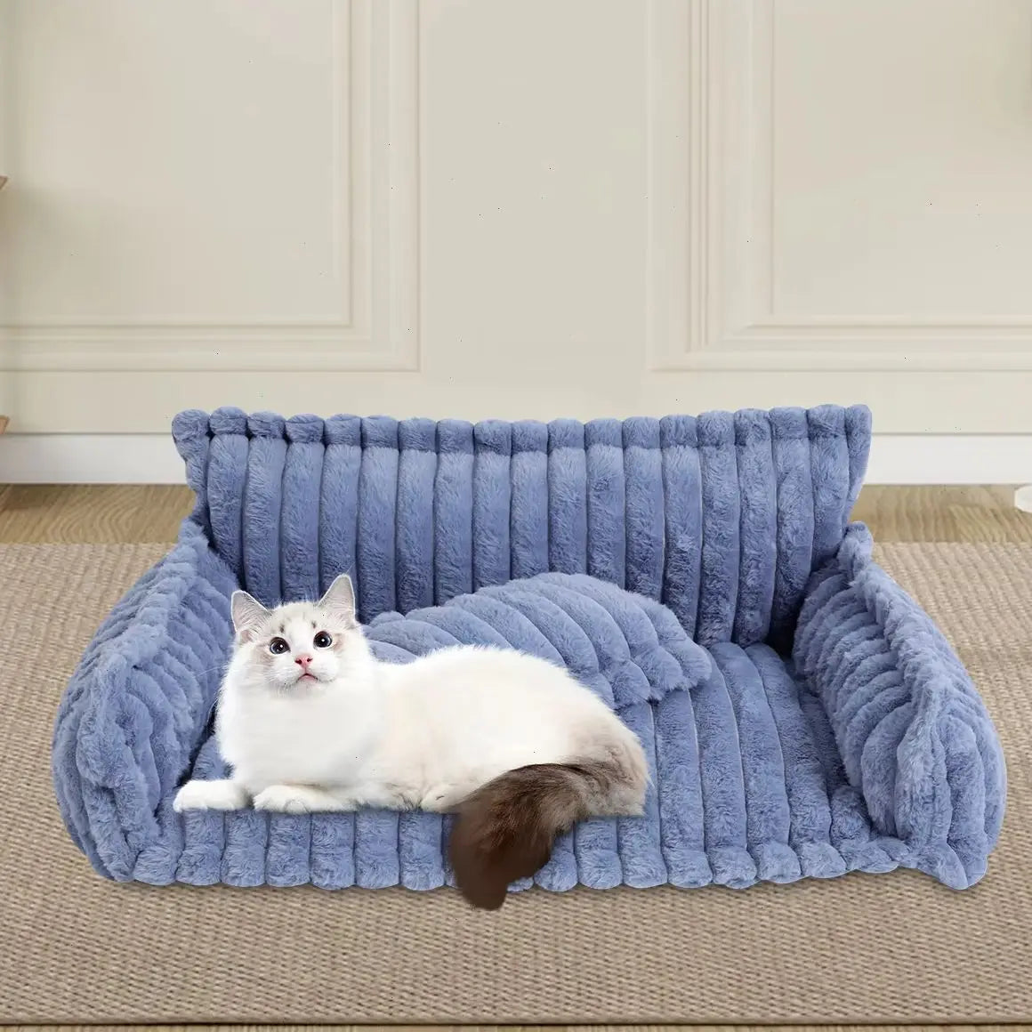 Soft Rabbit Plush Pet Sofa Bed Anti Slip Bottom Zipper Removable Cover Comfortable Pet Sleeping Couch With Pillow Fashion Striped Design Indoor Bedroom Living Room Pet Rest Furniture