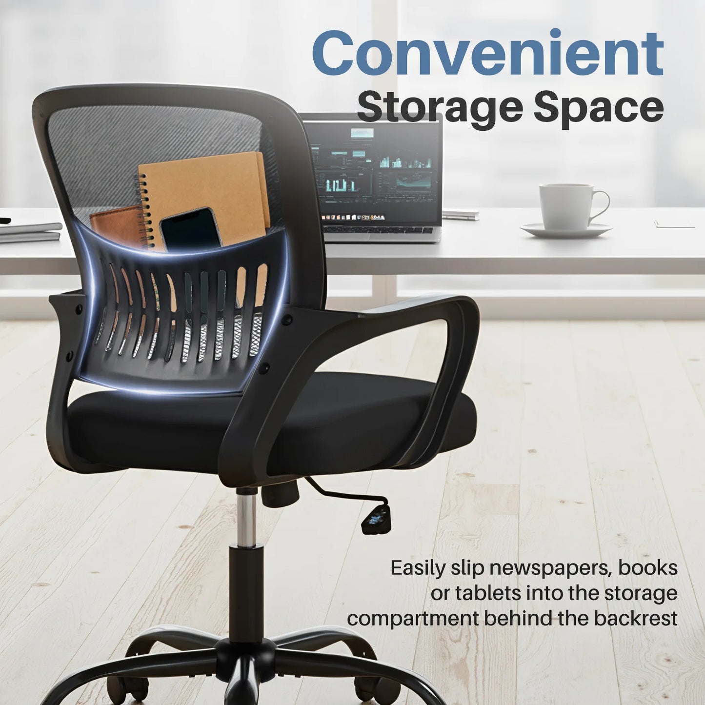 JHK Ergonomic Mesh Fixed Armrest Office Computer Chair Adjustable Swivel Mid-Back Computer Desk Chair with Lumbar Support