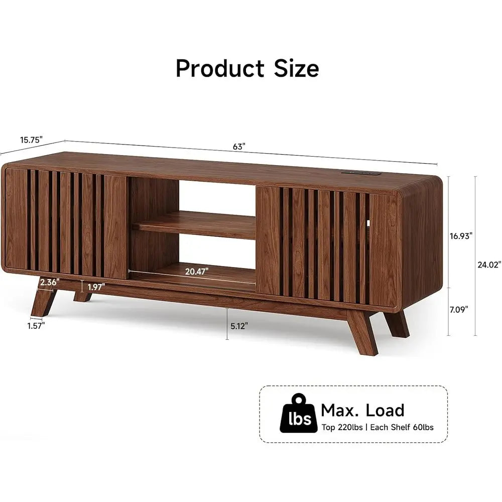 63-Inch TV Stand or TVs up to 75 Inch, -Century ern Teion Stand with Power Outlet, Entertainment Center with Sliding Grille Door