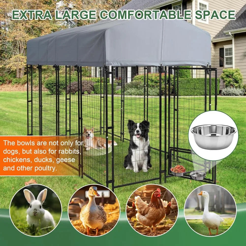 8x4x6 FT Heavy Duty Outdoor Dog Kennel with Roof, Rotating Bowls & Secure Lock for Large Dogs