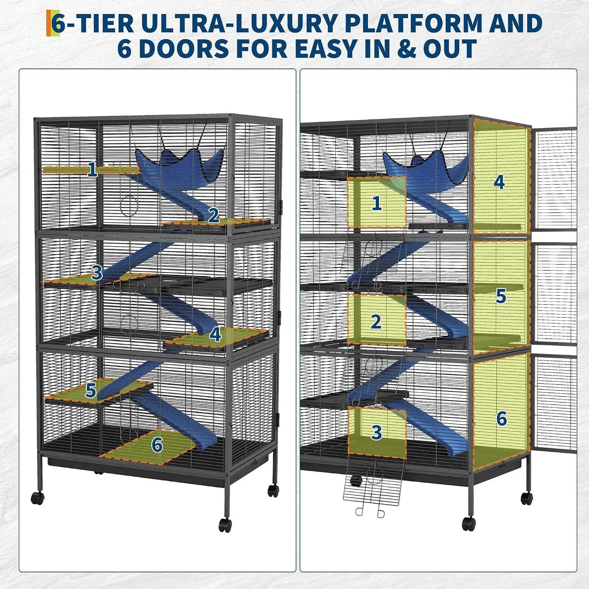 59in Tall Ferret Cage 6 Tier Small Animal Habitat with Hammock Fleece Ramps Rolling Wheels Removable Tray Multi Level Metal Cage for Chinchilla Sugar Glider and Small Pets