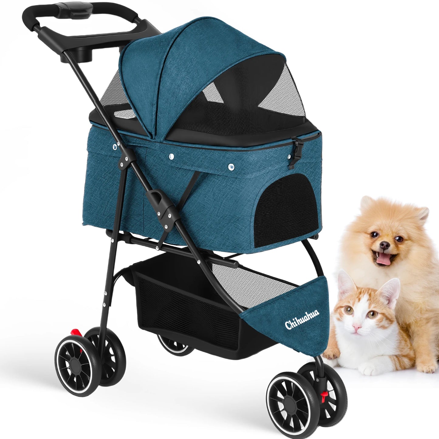 Foldable 3-Wheel Pet Stroller for Small to Medium Dogs and Cats with Mesh Canopy Cup Holders Easy Assembly