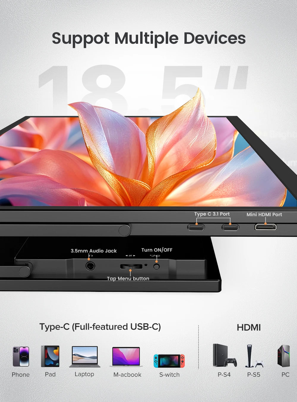 UPERFECT 18.5 Inch Portable Monitor 1920*1080 120HZ Laptop Gaming Display HDMI TYPE C For Phone Computer Extension Office Screen