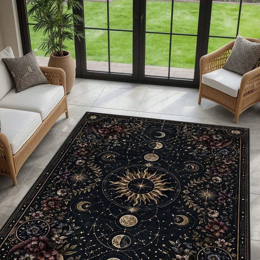 Moon Phase Floral Carpet, Suitable for Witch-Themed Bedrooms, Washable Starry Sky Carpet, Non-Slip Sun and Moon Carpet, Suitable for Gothic Living Rooms.