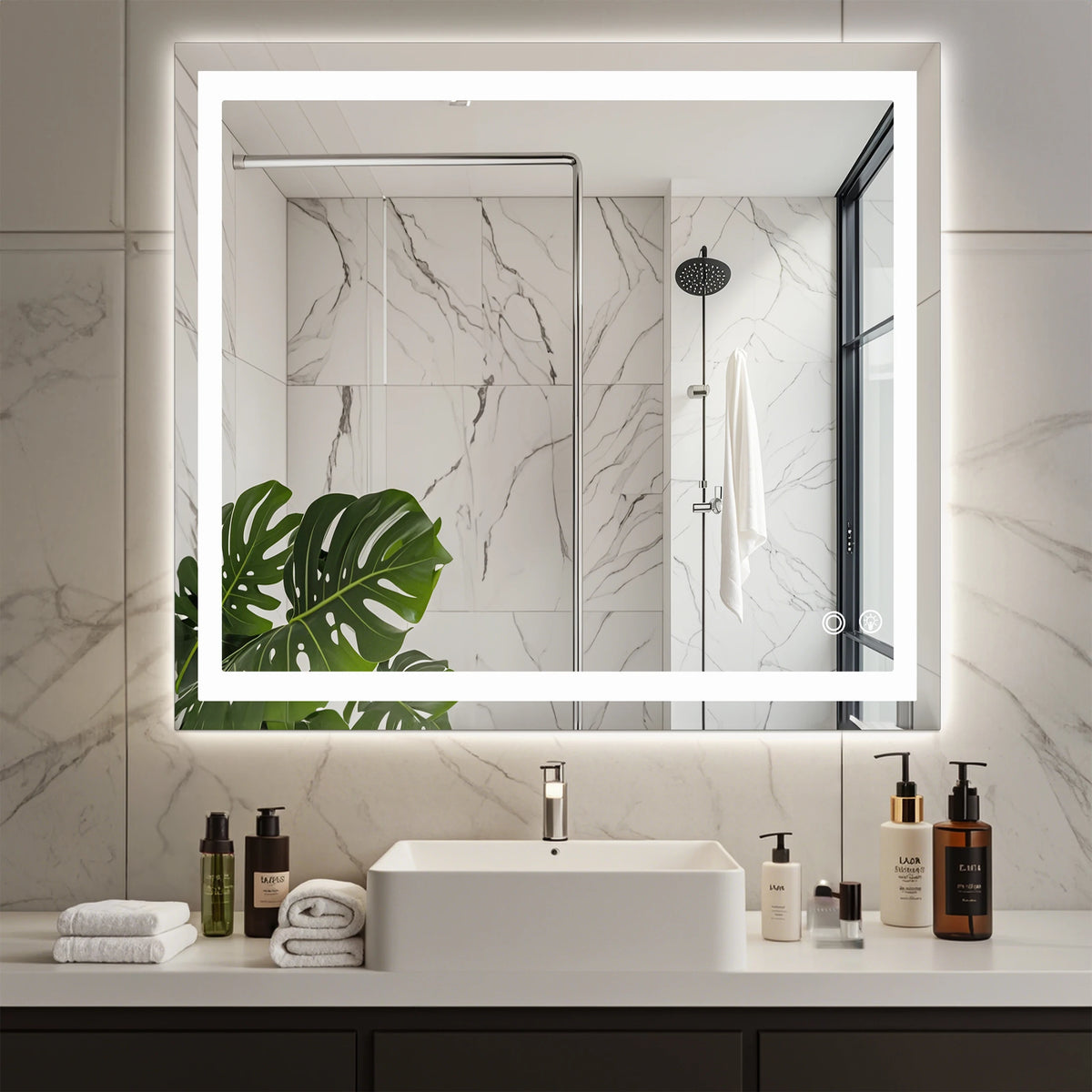 MCQ Rectangle LED Bathroom Mirror with Lights Tempered Glass Makeup Memory Function Dimmable Anti-Fog Front Lit Backlit Lighted Modern Vanity Mirror for Home Bedroom
