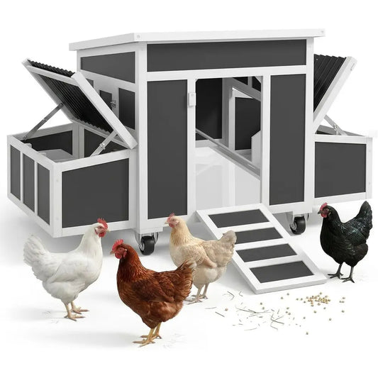 Gray Outdoor Chicken Coop with Nesting Box, Tray, and Windows for 6 Chickens or Rabbit Hutch